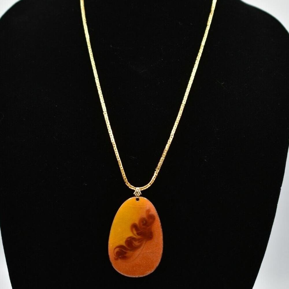 Vintage Abstract Enamel Pendant Necklace Burnt Orange Gold Tone Chain 1980s BinA